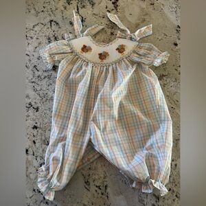 Stitchy fish baby girl Thanksgiving smocked romper